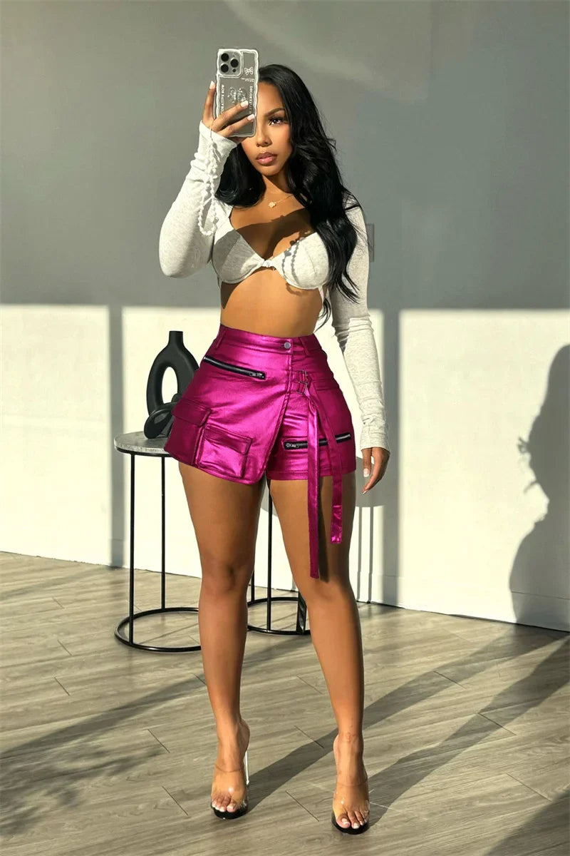 Shiny Metallic Irregular Shorts Skirts Women Y2K Clothing High Waist Button Fly Pockets Party Club Birthday Pantalones Cortos