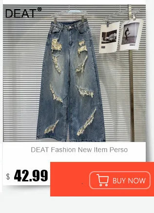 DEAT Fashion Women's 3D Chain Printed Contrast Color Jeans Niche Design High Waist Casual Denim Pants Female Trendy 11A04071