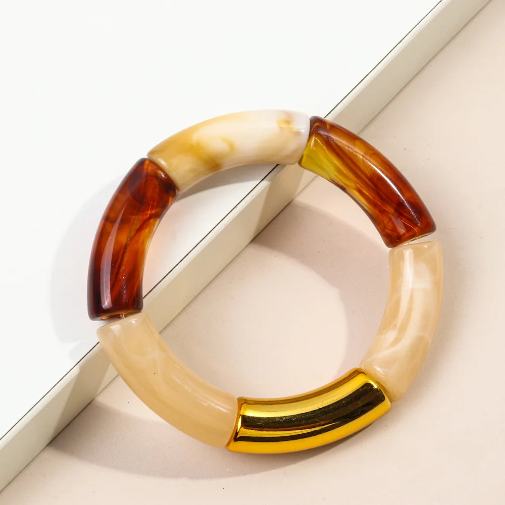 FishSheep Trendy Acrylic Stacked Bamboo Beads Bangles Bracelets for Women Bohemian Resin Elastic Beaded Bracelets Set Jewelry
