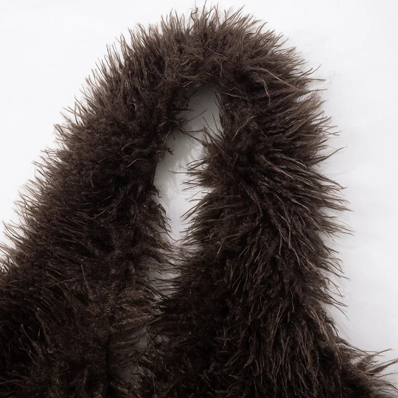 Joskaa Sexy Faux Fur Waistcoat Women Furry Backless Bandage Halter Crop Vests Coat 2025 Fashion Warm Outerwear Y2K Streetwear