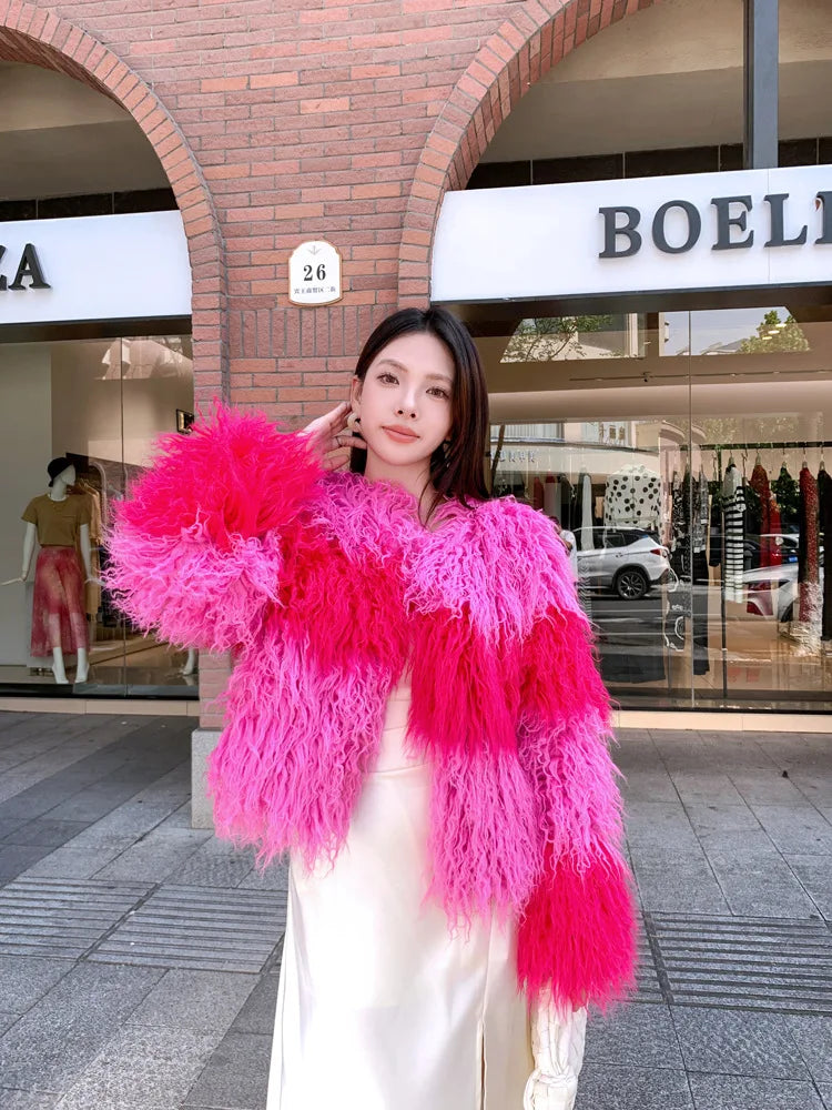 Faux Fur Coats Women Lamb Wool Short Coat Y2k Streetwear Thick Warm Y2k Streetwear Elegant Pink Jackets Open Stitch Jacket