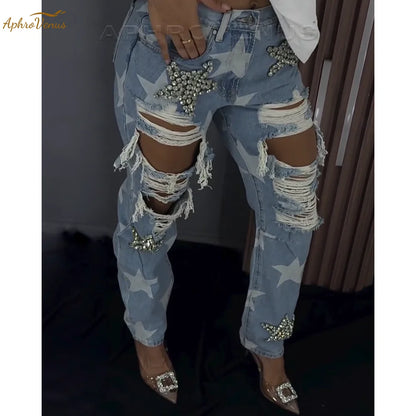 Women’s Ripped Jeans High Waist Distressed Jeans High Waist Wide Straight Leg Y2k Loose Fit Distressed Denim Pants