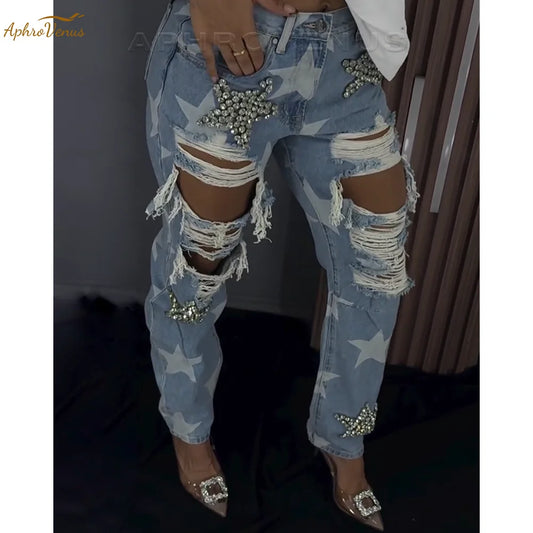 Women’s Ripped Jeans High Waist Distressed Jeans High Waist Wide Straight Leg Y2k Loose Fit Distressed Denim Pants