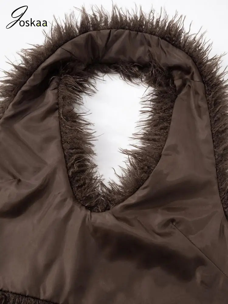 Joskaa Sexy Faux Fur Waistcoat Women Furry Backless Bandage Halter Crop Vests Coat 2025 Fashion Warm Outerwear Y2K Streetwear