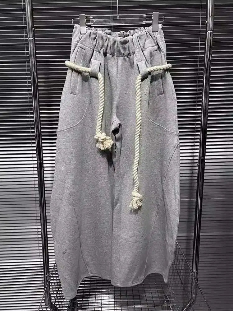 DEAT Fashion New Women's Cotton Rope Design Casual Pants 2024 Autumn Trendy Elastic High Waist Wide Leg Trousers Female 33A1851