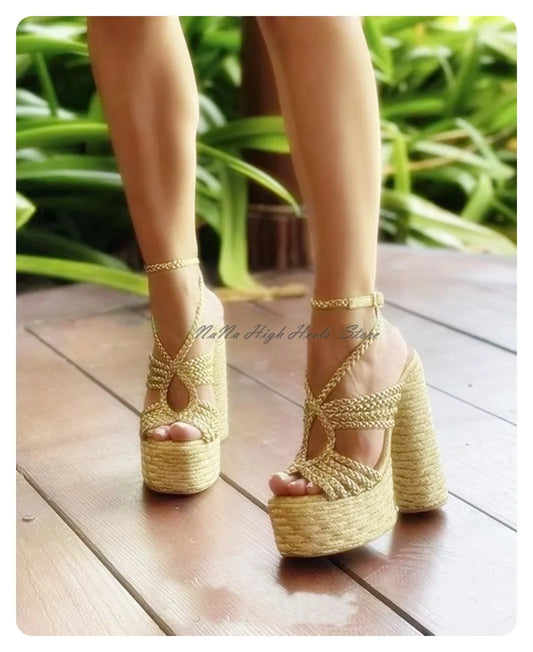 Fashion Weave Platform Sexy Design Slingback Sandals Women Chunky High Heel Ankle Buckle Sandals Lady Dress Golden Shoes
