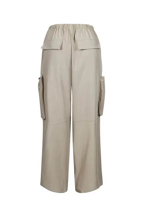 CM.YAYA Women Fashion Zipper Pocket Side Zip Fly Split Hem Wide Leg Safari Style Pants 2025 Drawstring Summer Cargo Trousers