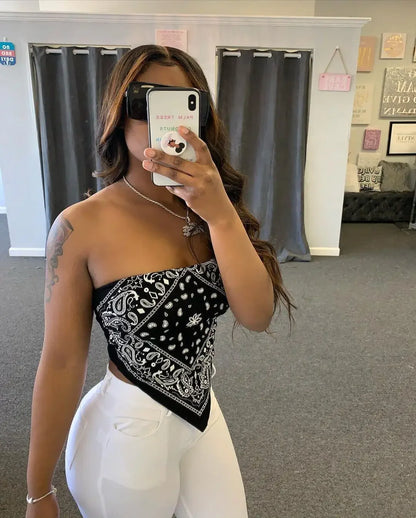 ANJAMANOR Cute Sexy Graphic Bandana Crop Top Women Clothing 2023 Summer Women Off Shoulder Backless Tank Tops D13-AI10