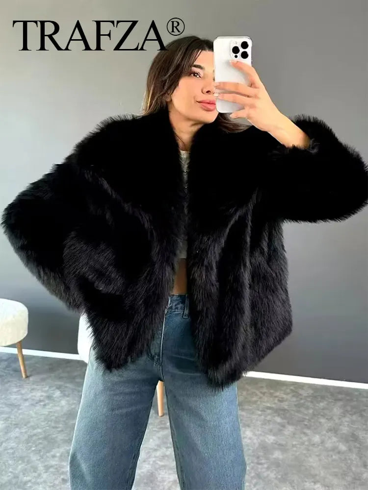 TRAFZA Female Vintage Artificial Fur Effect Coats Lapel Warm Plush Long Sleeves Hidden Buttons Autumn Winter Casual Outerwear