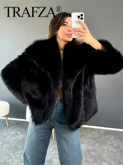TRAFZA Female Vintage Artificial Fur Effect Coats Lapel Warm Plush Long Sleeves Hidden Buttons Autumn Winter Casual Outerwear