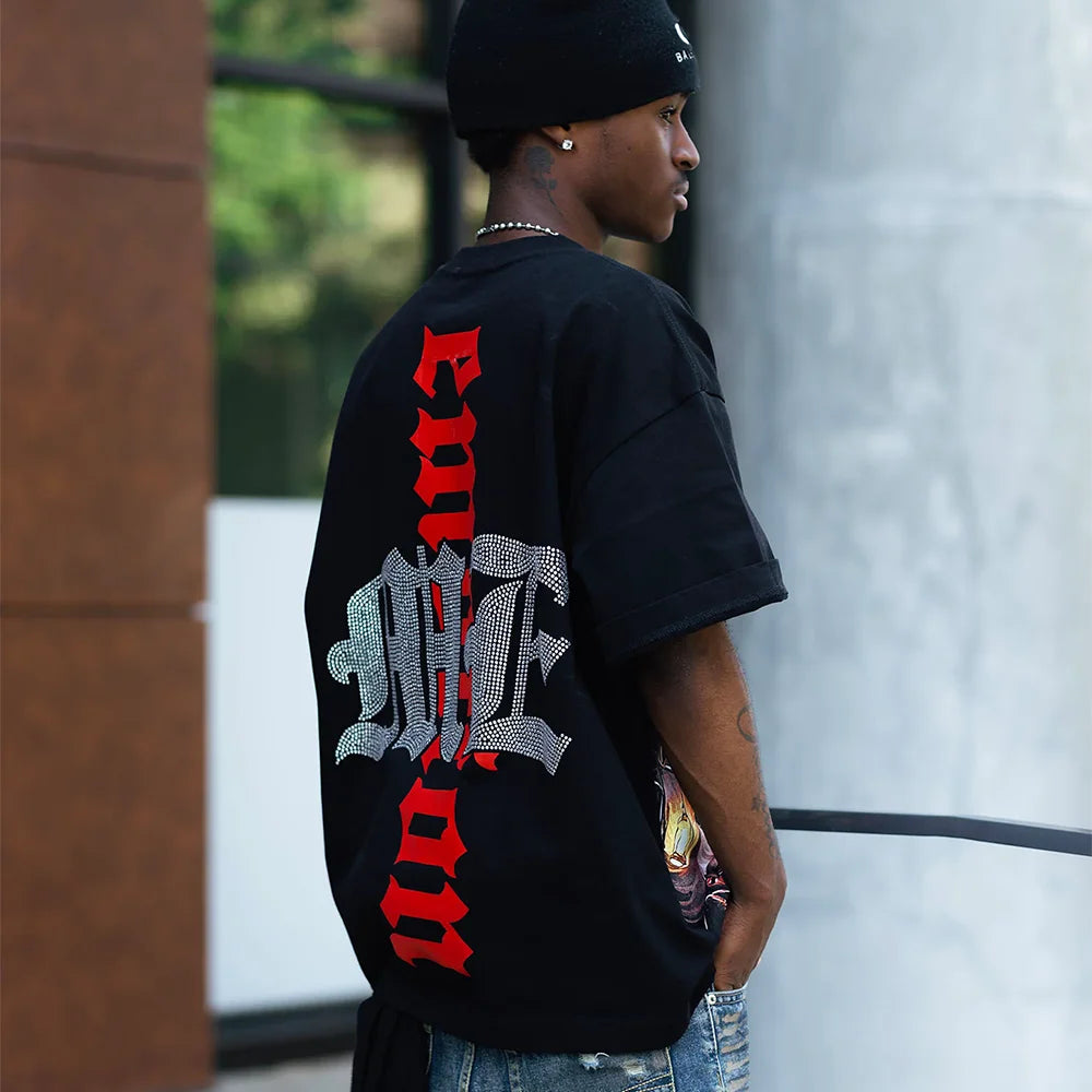 New Summer Letter Rhinestone Short Sleeve Black Mens Tshirts Streetwear Cotton Loose Round Neck Top Tees Oversized Unisex Tshirt