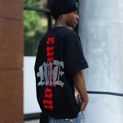 New Summer Letter Rhinestone Short Sleeve Black Mens Tshirts Streetwear Cotton Loose Round Neck Top Tees Oversized Unisex Tshirt
