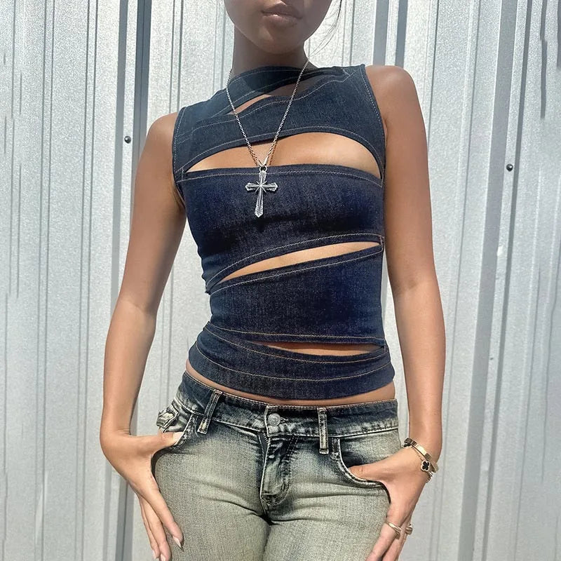 Women's Sleeveless Round Neck Vest Summer Solid Color Hollow Slim Vest Top Fashion Sexy Streetwear Women's Slim Vest Top