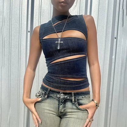 Women's Sleeveless Round Neck Vest Summer Solid Color Hollow Slim Vest Top Fashion Sexy Streetwear Women's Slim Vest Top