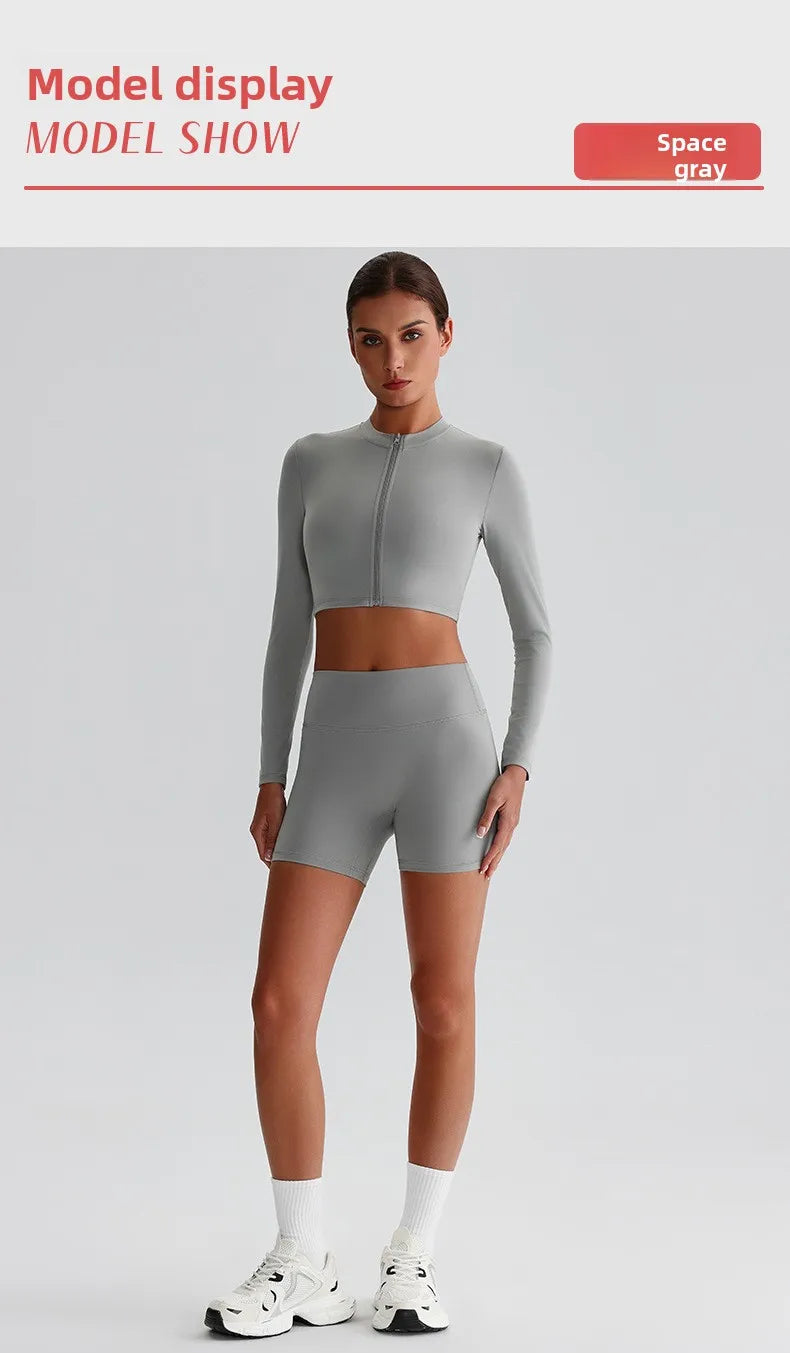 Customized LOGO Women's Skin-friendly Sports Yoga Clothing Slim Elastic Jacket Fitness Shorts Long Sleeve Two-piece Set