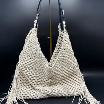 Designer Luxury Tote Bag Women 2025 New Large Capacity Bohemian Style Beach Bag Handmade Woven Hollow Out Tassel Shoulder Bag