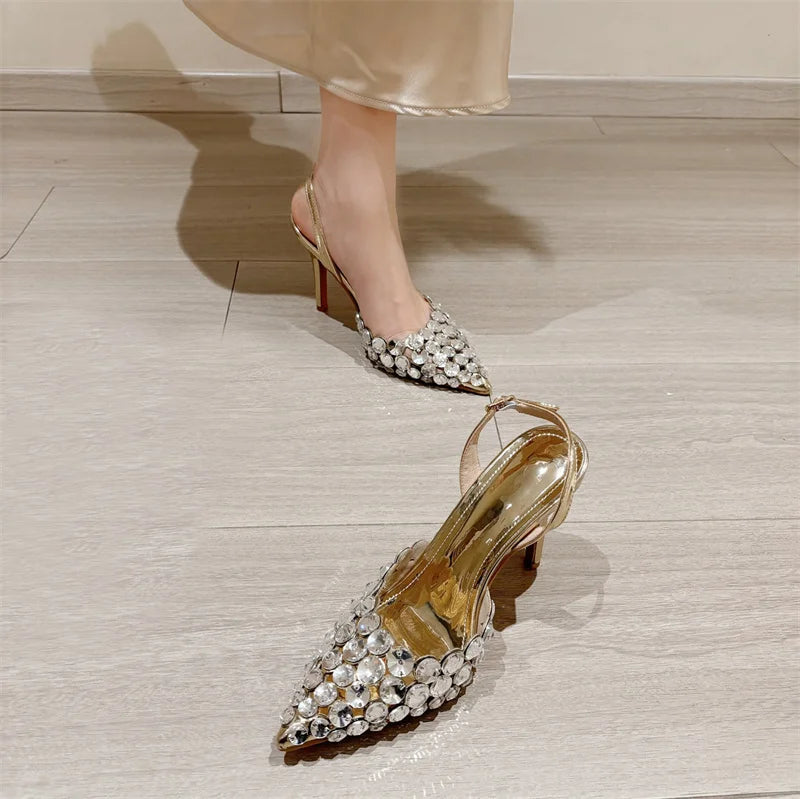 Liyke Elegant Pointed Toe Slingback Stiletto Sandals Crystal Diamonds Women Pumps High Heels Wedding Prom Shoes Zapatos Mujer