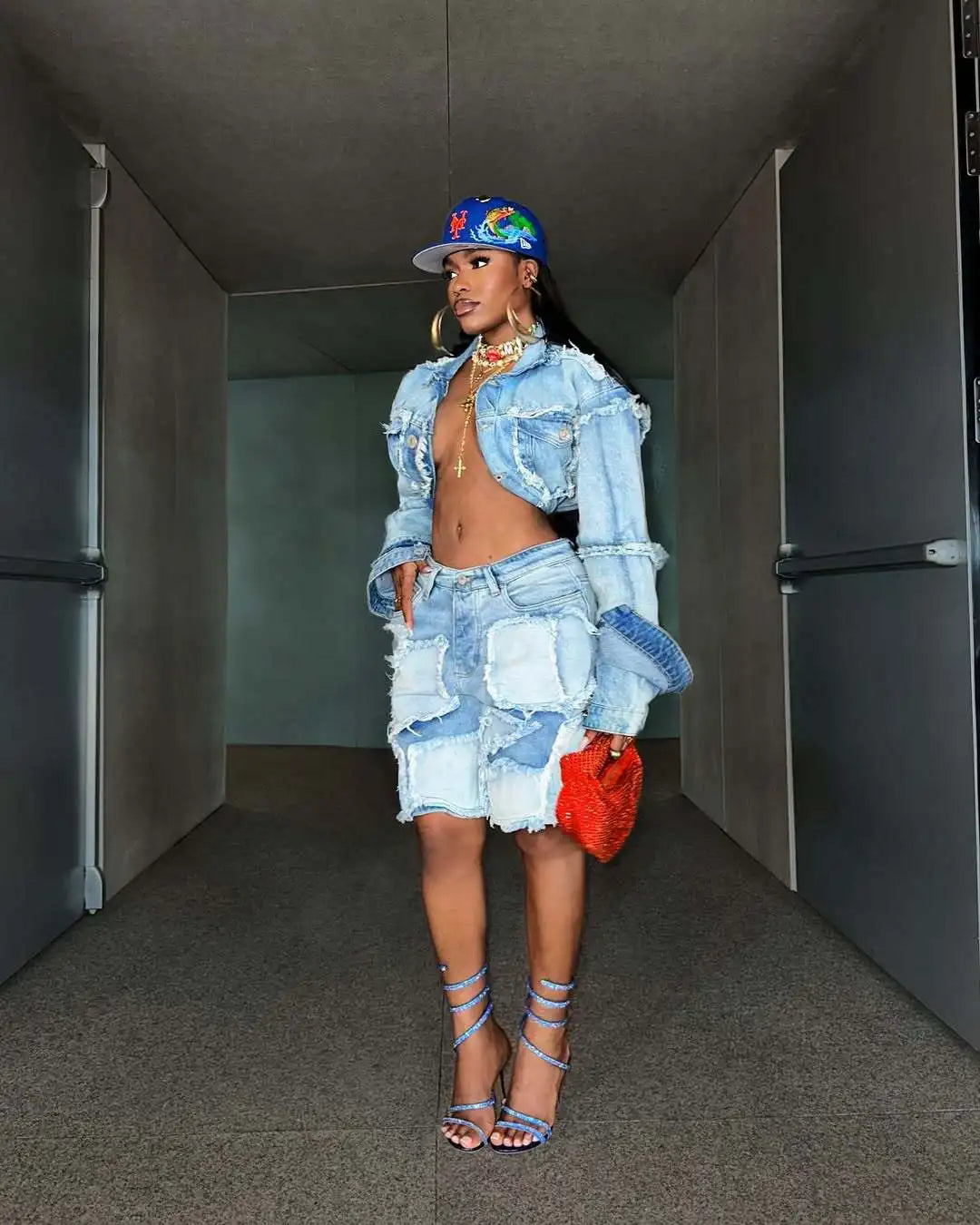 FAGADOER Summer New Fashion Denim 2 Piece Sets Woman Outfit Long Sleeves Patchwork Crop Jacket + Short Female Streetwear New