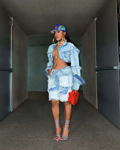 FAGADOER Summer New Fashion Denim 2 Piece Sets Woman Outfit Long Sleeves Patchwork Crop Jacket + Short Female Streetwear New