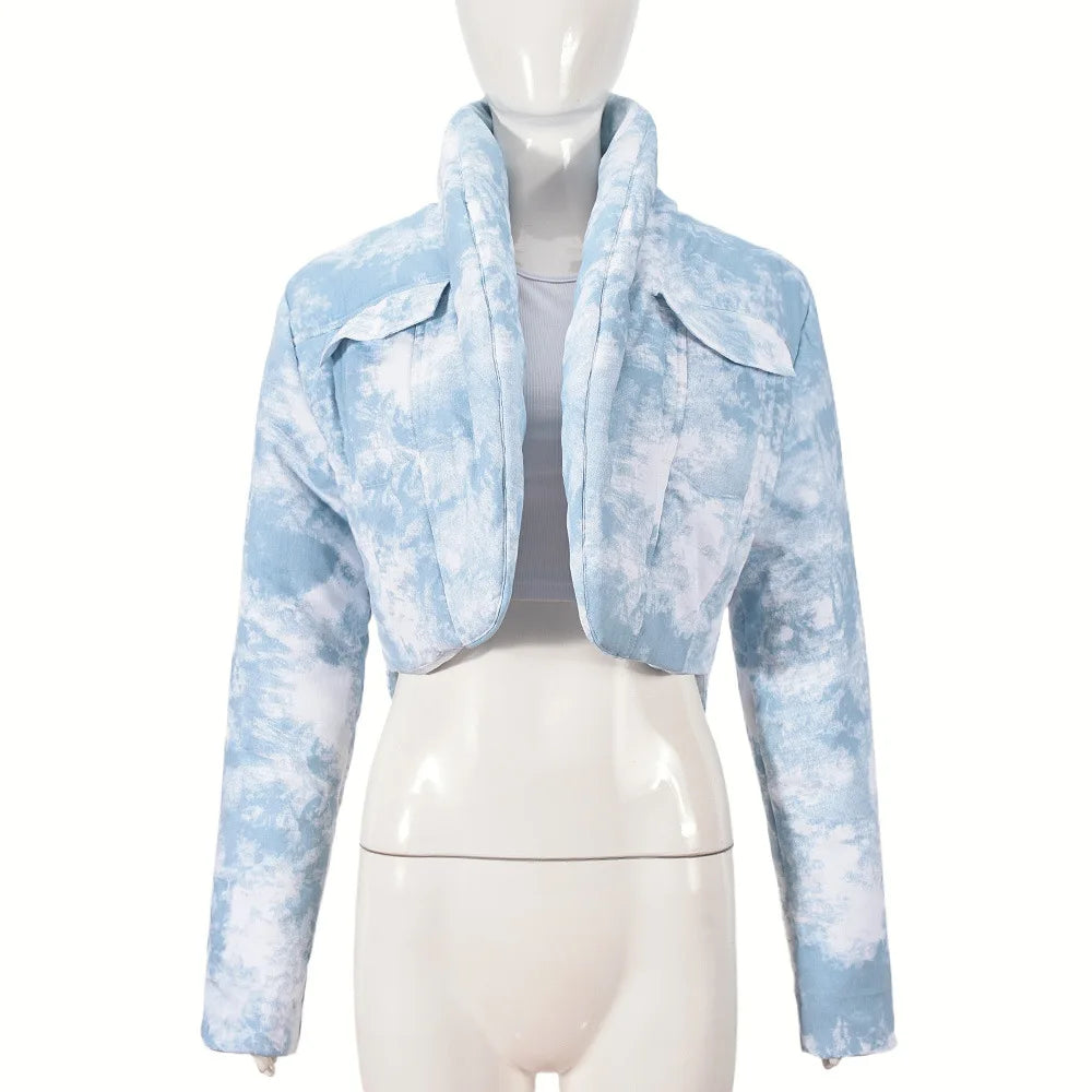 CM.YAYA Streetwear Women Tie Dye Print Long Sleeve Parkas Jacket Thick Warm 2024 Winter Autumn Outwear Coats