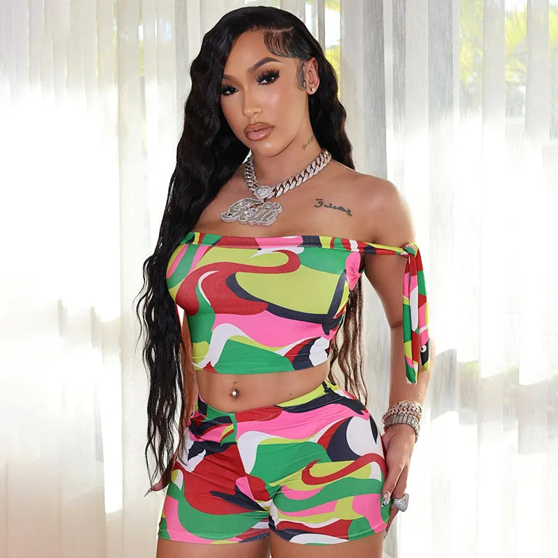 Joskaa Colorful Print Beach Style 2 Piece Sets Women Swimsuit Sexy Tube Tops and Shorts Matching 2025 Summer Bathing Suit