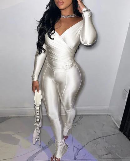 Fashion Women's Two Piece Set Autumn/winter 2025 New Solid Sexy Cross V-Neck Set Long Sleeve Pants Casual Set