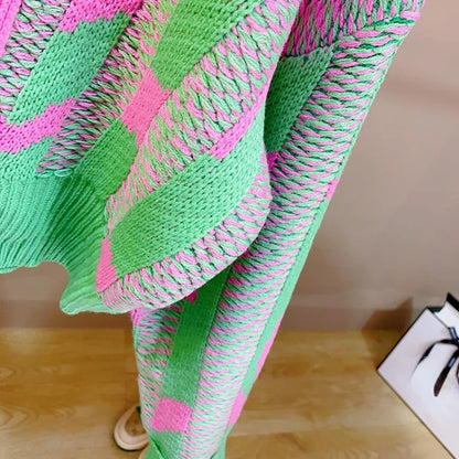 Women Color Block Green Crop Cardigan High Street Long Sleeve Knit Top Sweater Autumn Winter Korean Dongdaemun Fashion Trends