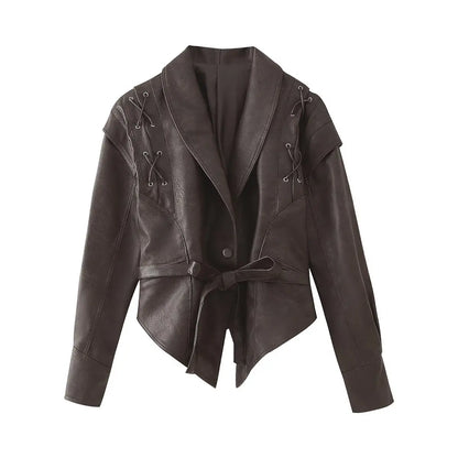 TRAFZA Spring Women Retro Brown PU Jackets Lace-up Single Button Coats Slim Sashes Jacket Fashion 2025 Female Casual Outwears
