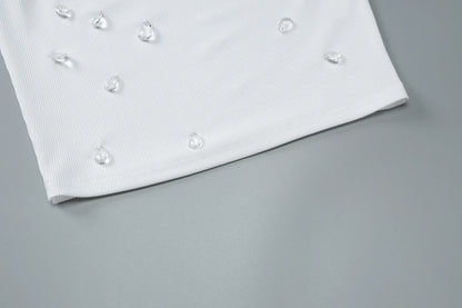 Dulzura Ribbed Sleeveless Water Droplets Diamond Decorated Tank Sexy Casual Bodycon Top Party Club Streetwear Spring Summer