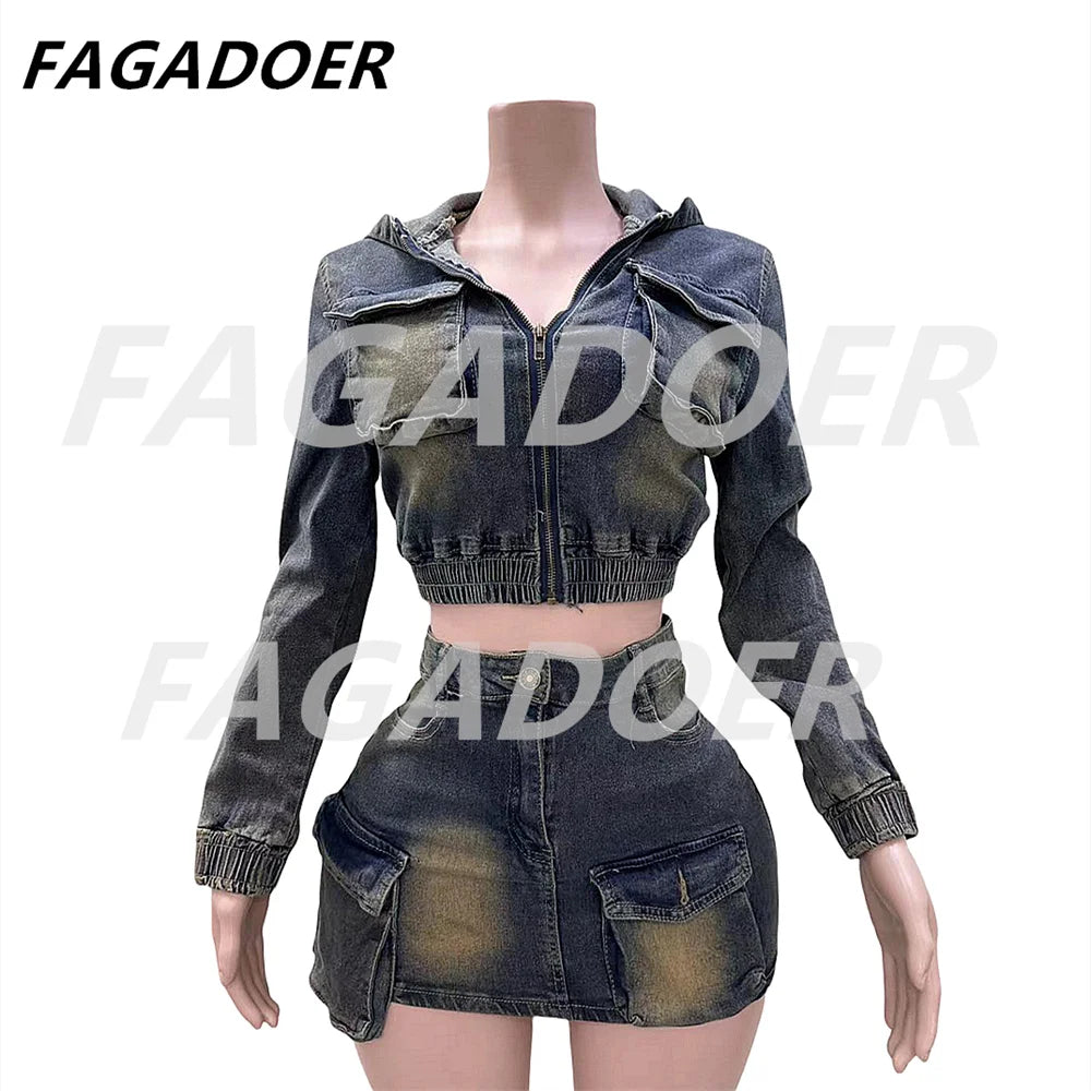 FAGADOER Y2k Retro Denim Two Piece Set Hot Girl Cargo Pockets Patchwork Zip Jacket and Stretchy Mini Skirts Suits Streetwear New