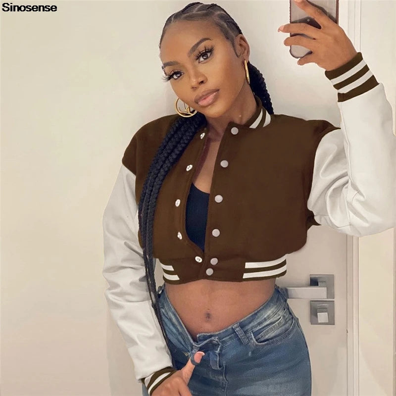 Women Crop Vintage Varsity Jacket Faux Leather Patchwork Long Sleeve Button Down Bomber Jackets Casual Baseball Jersey Jackets