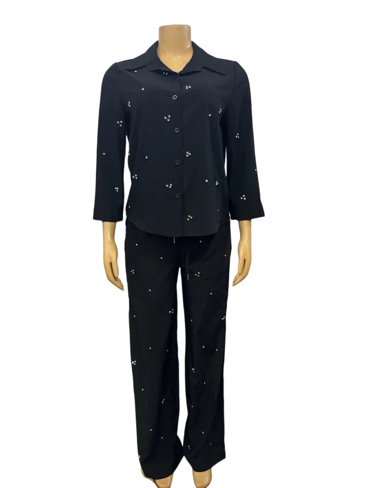 Women Sets Single Breasted Blouses Turn Down Collar Tops Two Pieces Diamonds Ankle Length Straight Pant Pockets Casual Loose