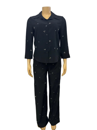 Women Sets Single Breasted Blouses Turn Down Collar Tops Two Pieces Diamonds Ankle Length Straight Pant Pockets Casual Loose