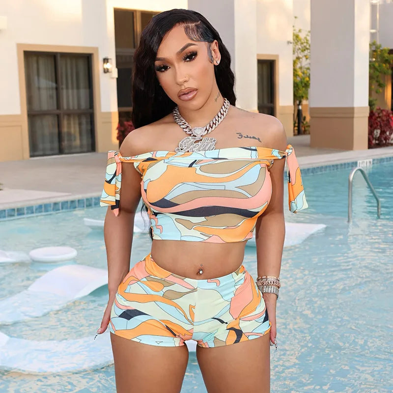 Joskaa Colorful Print Beach Style 2 Piece Sets Women Swimsuit Sexy Tube Tops and Shorts Matching 2025 Summer Bathing Suit