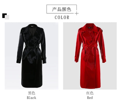 Nerazzurri Autumn Long Cool Black Shiny Glitter Patent Faux Leather Trench Coat for Women Sashes Double Breasted Europe Fashion