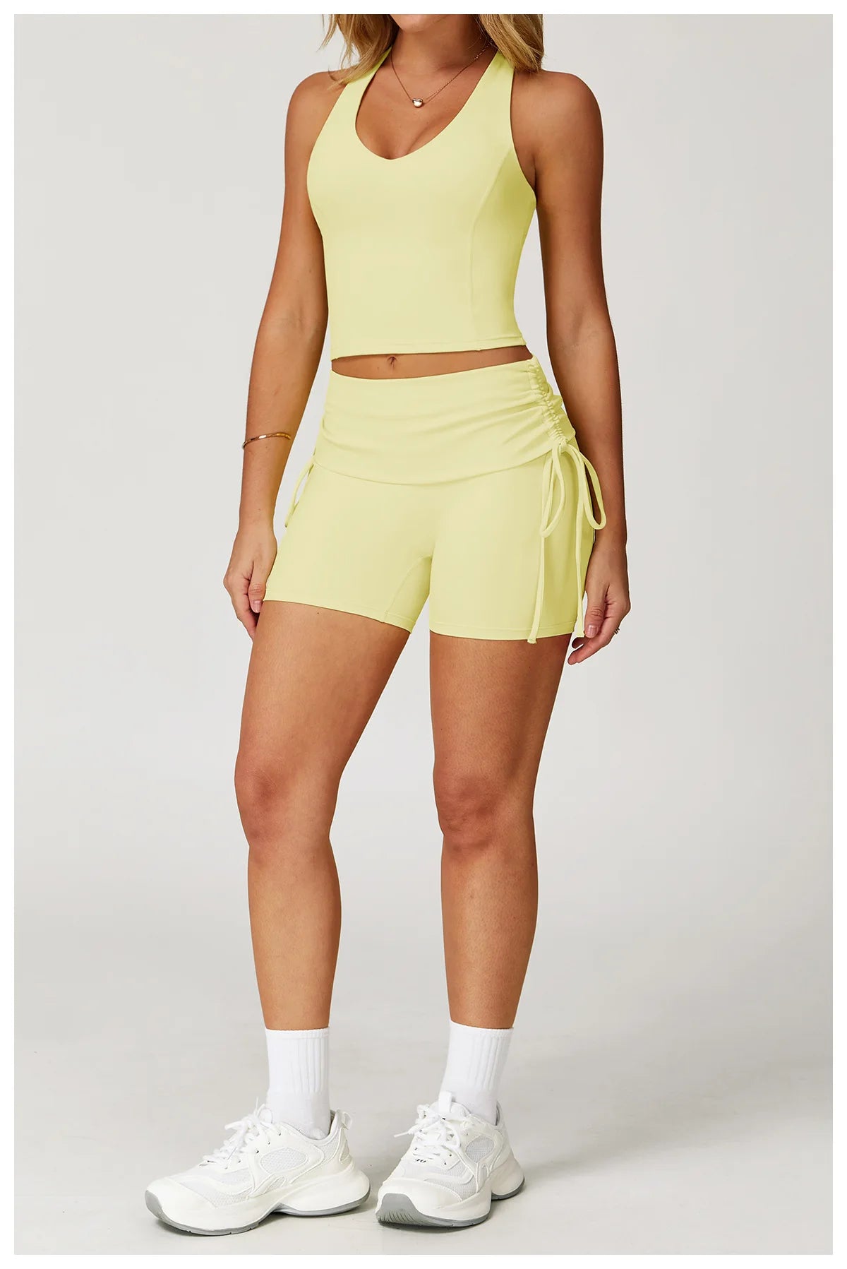 Custom LOGO nude yoga I-shaped beautiful back folded high waist shorts fitness clothes sports running two-piece set