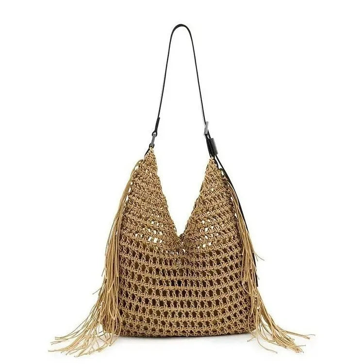Designer Luxury Tote Bag Women 2025 New Large Capacity Bohemian Style Beach Bag Handmade Woven Hollow Out Tassel Shoulder Bag