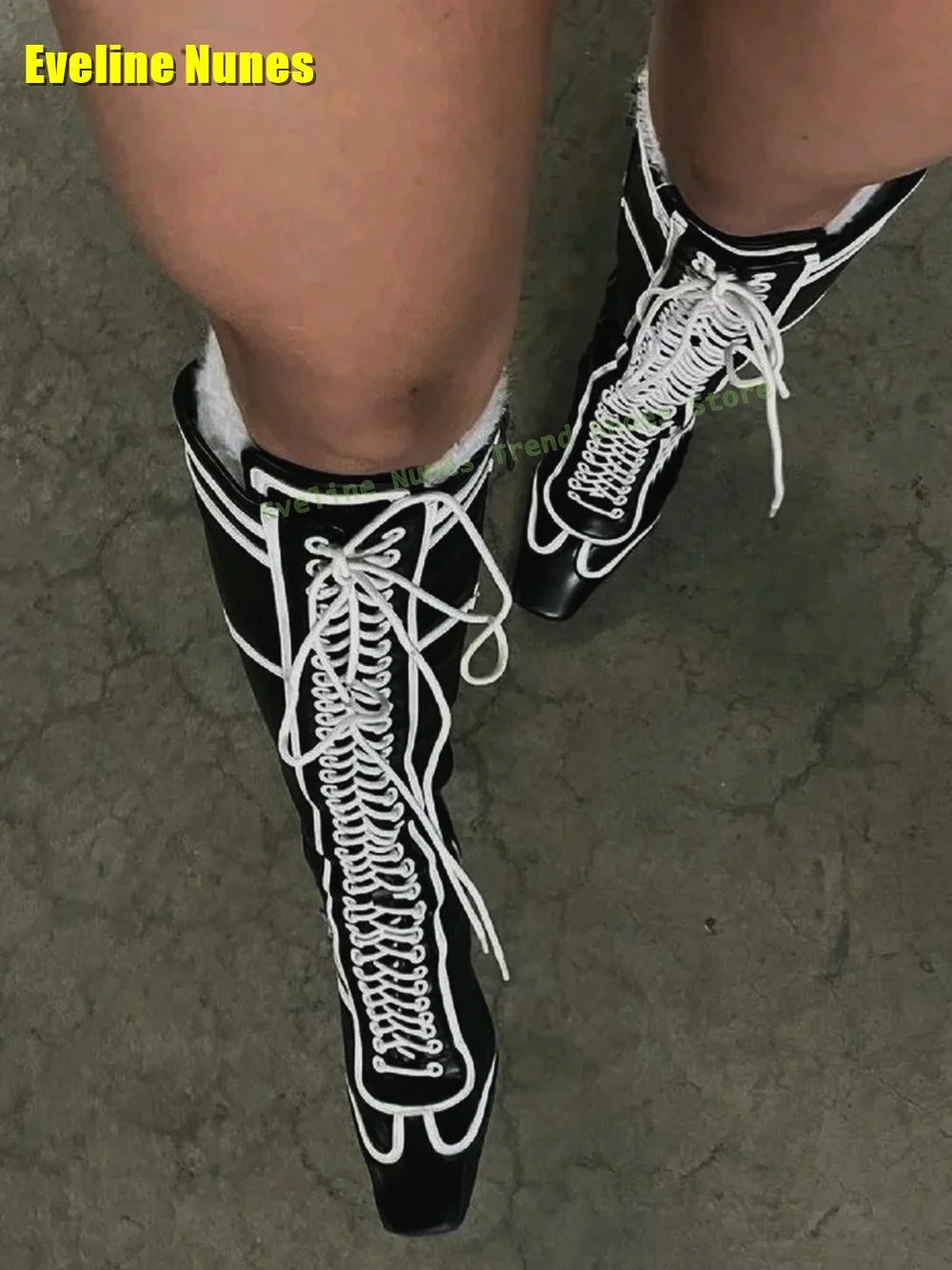 Cross Tied Patchwork Fashion Boots Pointed Toe Thin Heels Lace Up Black and White Spicy Girl Knee High Boots 2025 Street Style