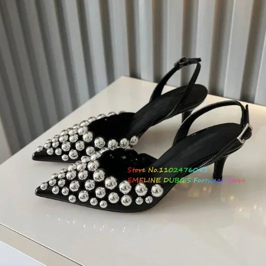 White Hollow Beads Pointed Toe Stiletto Heel Pumps Women Summer New Sexy Slingback Buckle Strap Solid Color High Heel Sandals
