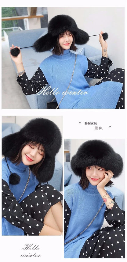 2025 100% Real Fox Fur Hats Women's Russian Ushanka Aviator Trapper Snow Skiing Hat Caps Earflap Winter Raccoon Fur Bomber Hat