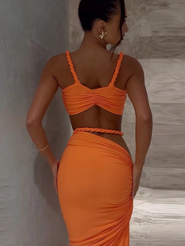 Weird Puss Bandage Ruched 2 Piece Set Women Square Collar Bra+Skinny Long Skirts 2025 Summer Vacation Beach Party Trend Suits