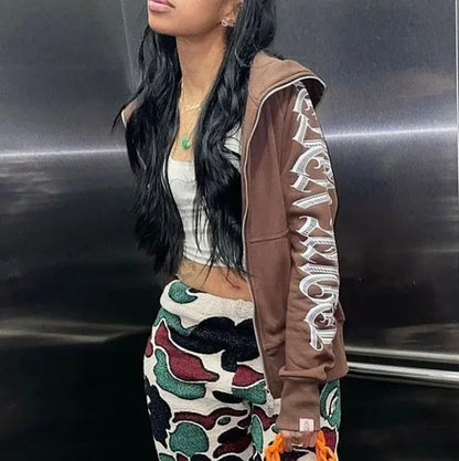 New 2024 Winter Letter Printed Zip Up Hoodie Streetwear Women Cyber Y2k Jackets Cardigan Gothic Punk Clothes Sweatshirts