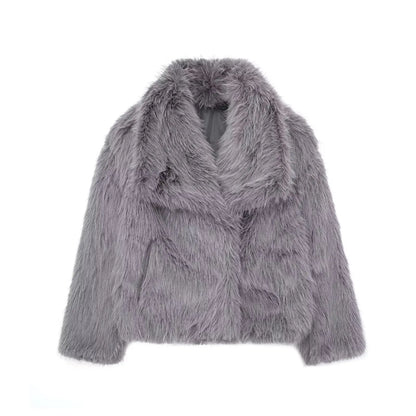 TRAFZA Female Vintage Artificial Fur Effect Coats Lapel Warm Plush Long Sleeves Hidden Buttons Autumn Winter Casual Outerwear