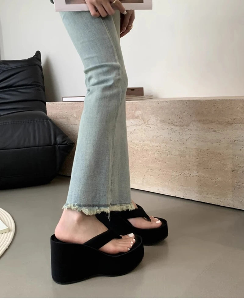 Design Summer Chunky Woman Slippers Fashion Platform Wedges High Heel Silvery Ladies Shoes Zapatillas De Mujer