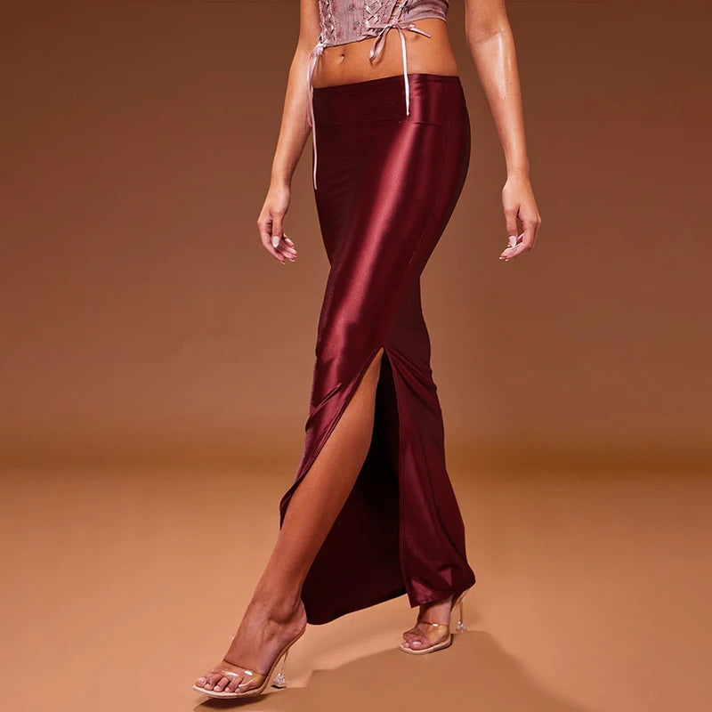 CUTENOVA Stain Long Solid Color Skirt Elegant High Waist Side Split Maxi Skirts Party Sexy Clothes for Women Autumn 2024