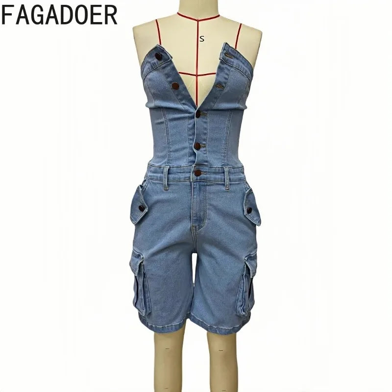 FAGADOER Fashion Cargo Pocket Patchwork Denim Romper Women Button Backless Sleeveless Jumpsuit Female Streetwear Overalls 2025