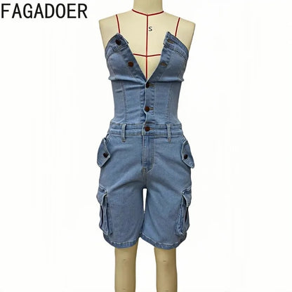 FAGADOER Fashion Cargo Pocket Patchwork Denim Romper Women Button Backless Sleeveless Jumpsuit Female Streetwear Overalls 2025