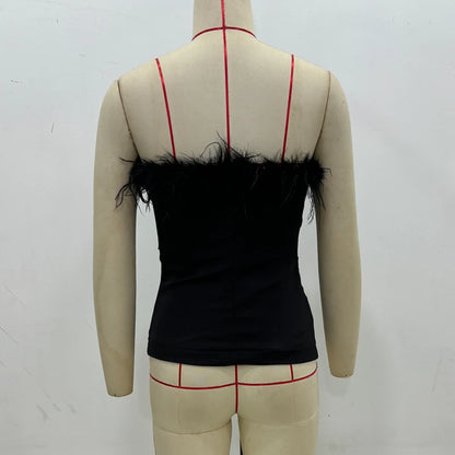 MUJER Black Feather Crop Top Women off Shoulder Corset Top Female Sexy Backless Tube Tops for Women Strapless Bustier Top Woman