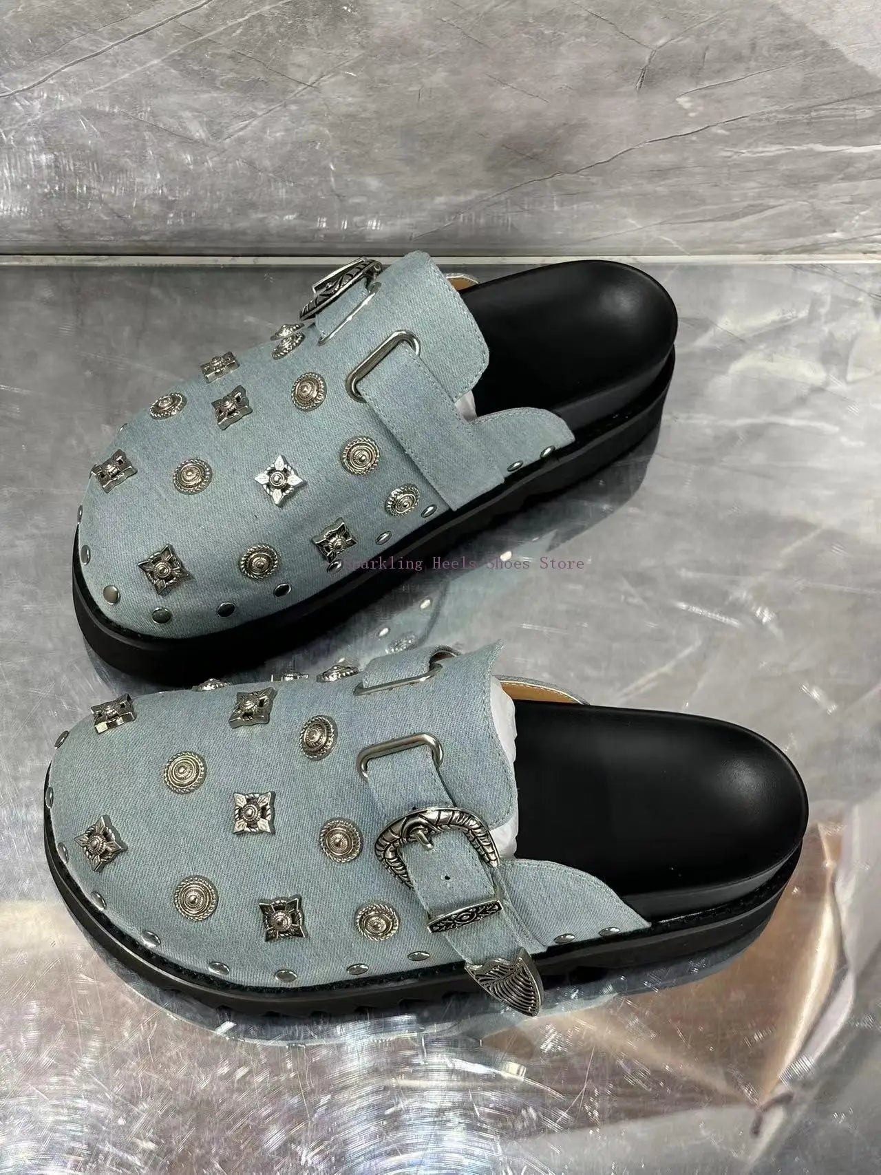High Quality Woman Rivet Slipper Shoes Comfortable Slip On Round Toe Female Blue Leather Buckle Decoration Mules Shoes