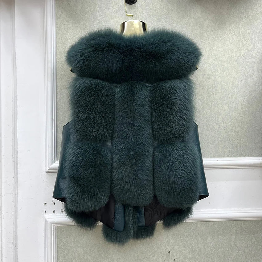 2024 New Autumn Winter Warm Women's Coat Natural Real Fox Fur Vest Thick Mid Length Waistcoat Luxury Female Jacket Streetwear